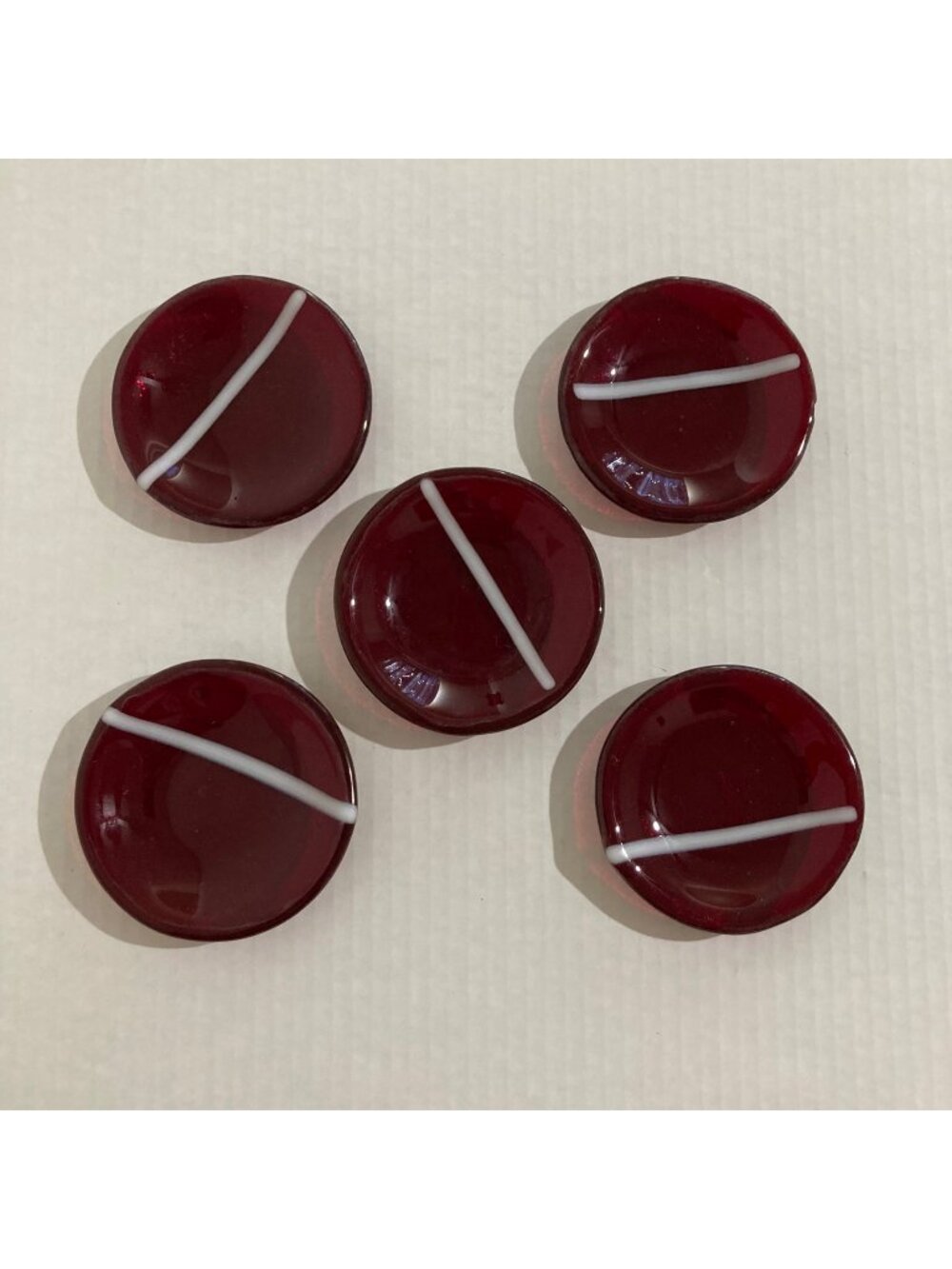 Ruby Red Glass Butter Pat With White Stripe - Set Of 5